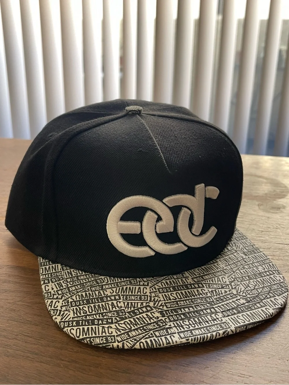Insomniac EDC Embroidered Black Snapback Hat with Printed Brim Dusk til Dawn. - Picture 1 of 5